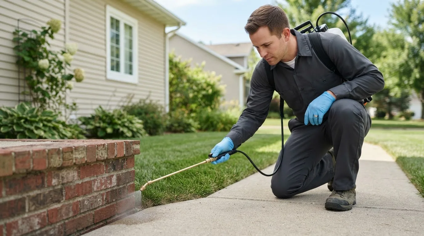 Pest control technician treating a home near Boncarbo, CO